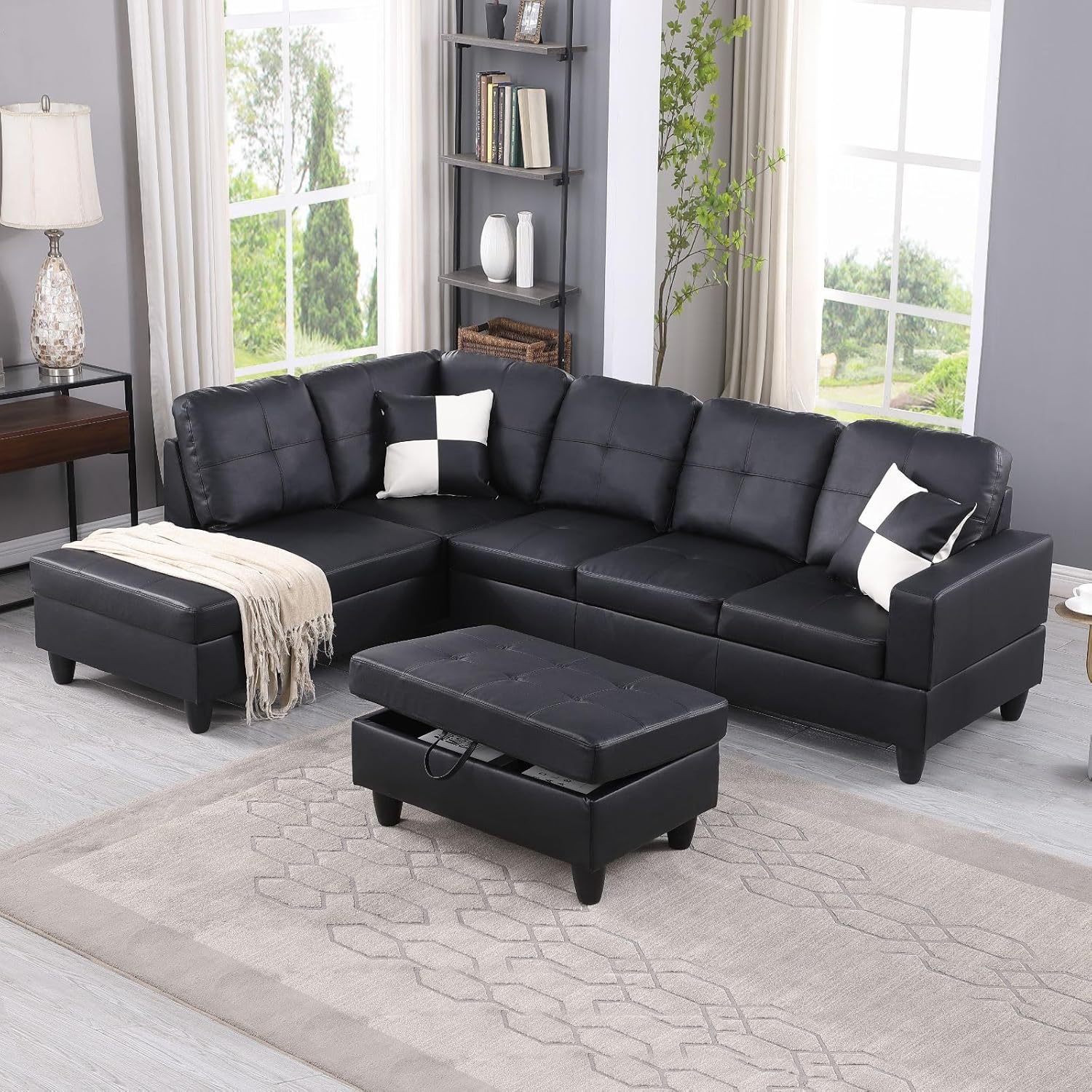 103 Inch L Shape 3 Piece Sectional Sofa Set, Upholstered Corner Couch with Storage Ottoman & Right Chaise Lounge, Faux Leather Tufted Cushions, for Living Room, Apartment, Black