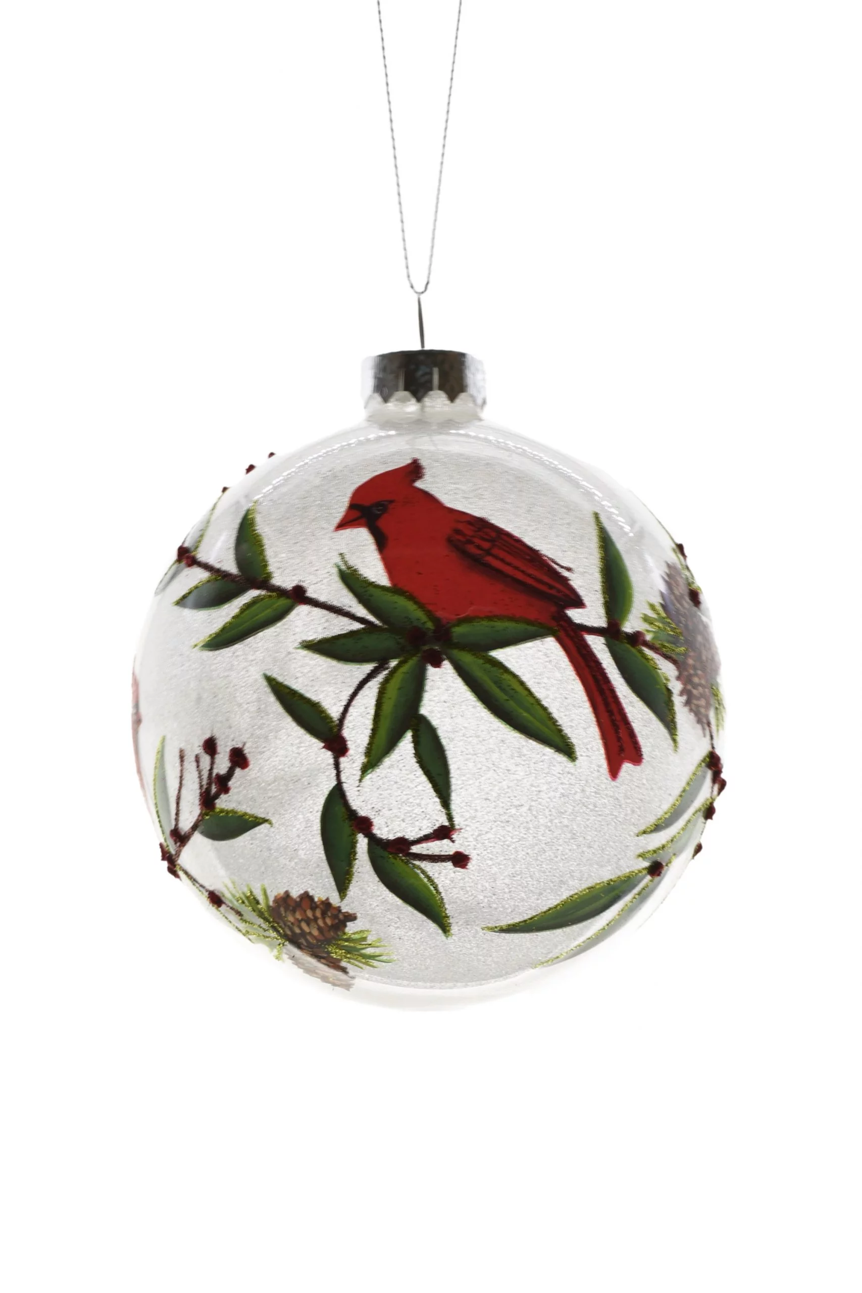 Starlight Collection, Clear Glass Hanging Glittered Ball Ornament with Glittered Cardinals on Holly Branch (Pack of 2)