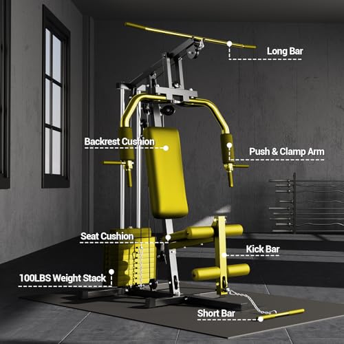 Home Gym Machine System with 100LBS Weight Stack, Multifunctional Weight Machine, Full Body Workout Station Exercise Equipment, All in One Home Gym with Pulley System for Strength Training