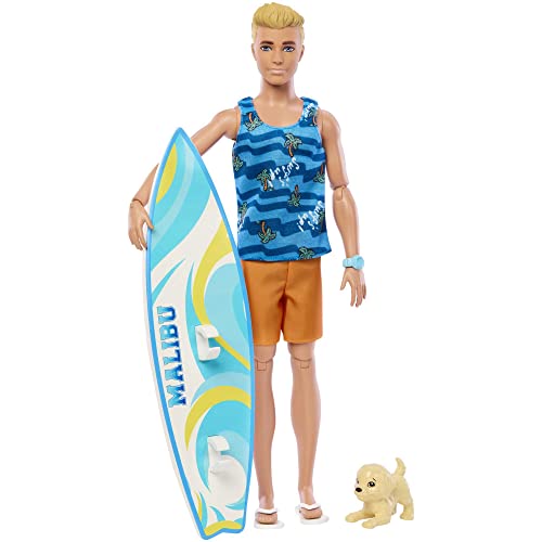 Barbie Ken Doll with Surfboard and Pet Puppy, Poseable Blonde Ken Beach Doll with Themed Accessories Like Towel, HPT50
