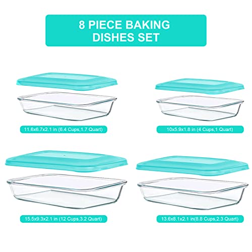 KOMUEE 8-Pieces Glass Baking Dish with Lids Rectangular Glass Baking Pan Bakeware Set with BPA Free Lids, Baking Pans for Lasagna, Leftovers, Cooking, Kitchen, Fridge-to-Oven