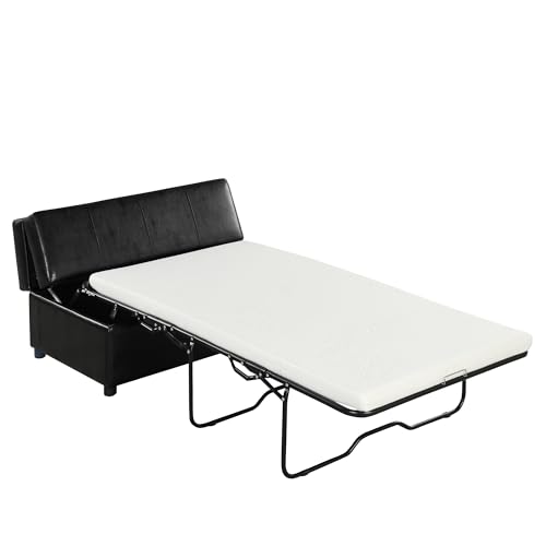 LUMISOL Folding Ottoman Sleeper Chair Bed with Mattress, Convertible Fold Out Sleeper Sofa Bed Guest Bed, Twin Size Leather Sleeper Sofa Bed for Living Room Bedroom, Brown