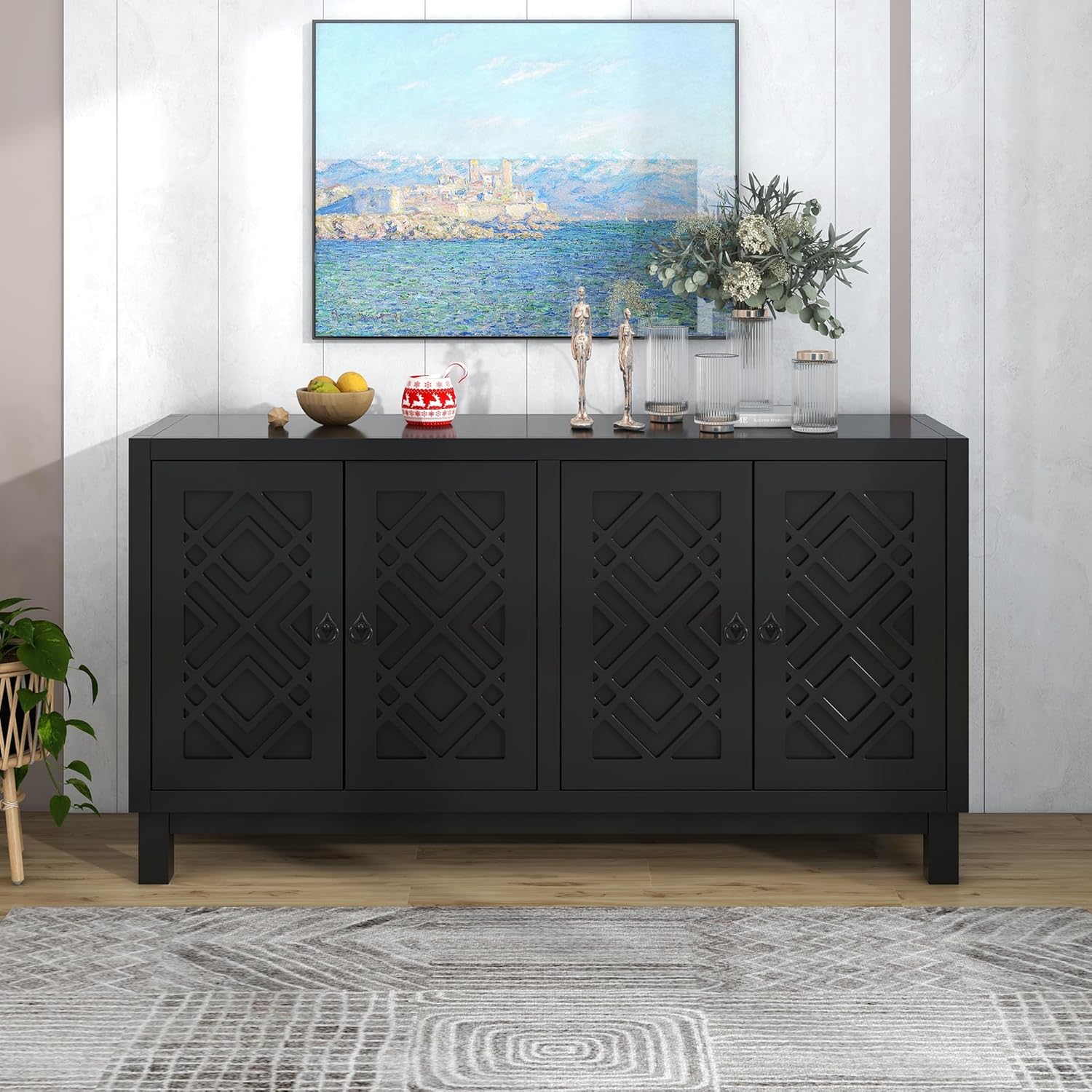 Elegant Storage Cabinet Sideboard,4 Door Buffet Cabinet with Pull Ring Handles,Large Storage Space, Versatile Cabinet for Living Room, Dining Room（Black）