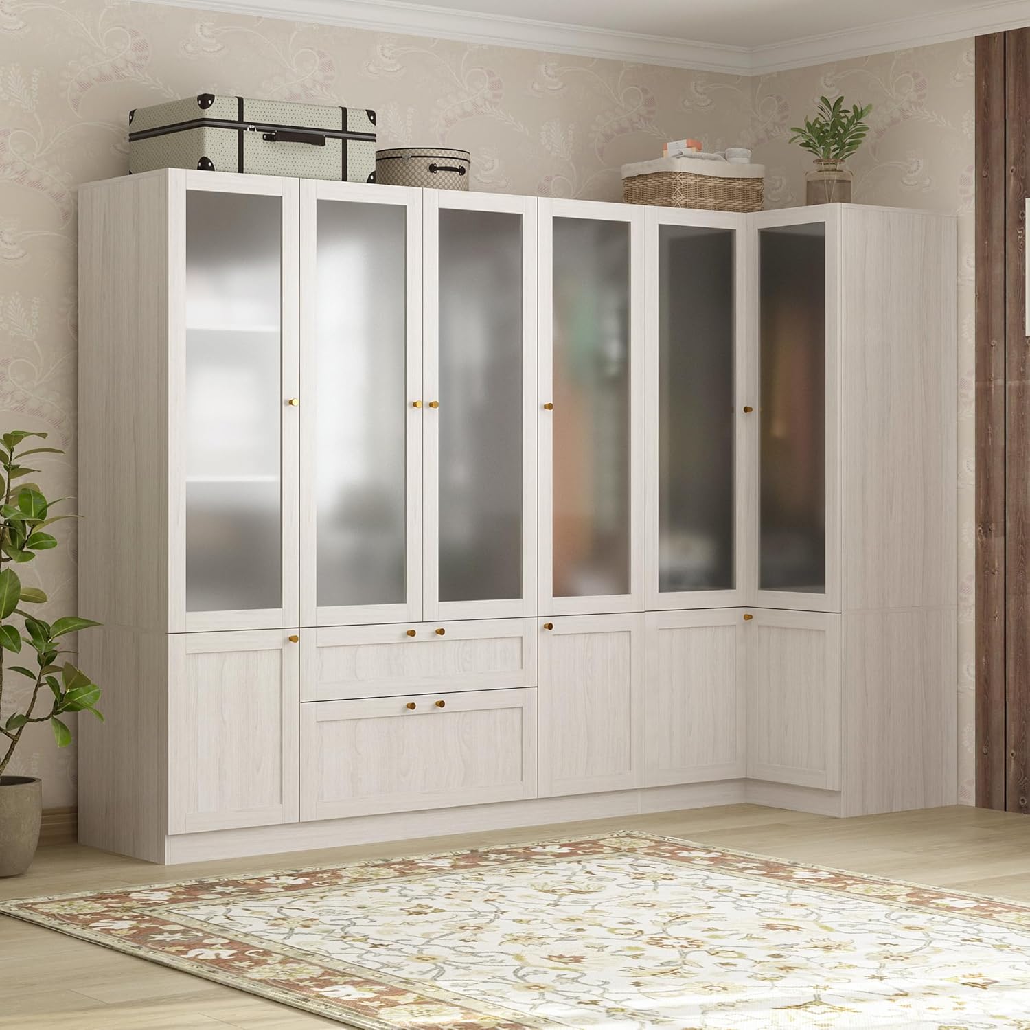 Homsee Extra Large L-Shape Armoire Wardrobe Closet with 6 Frosted Glass Doors, Hanging Bars, Shelves & Drawers, 98.4