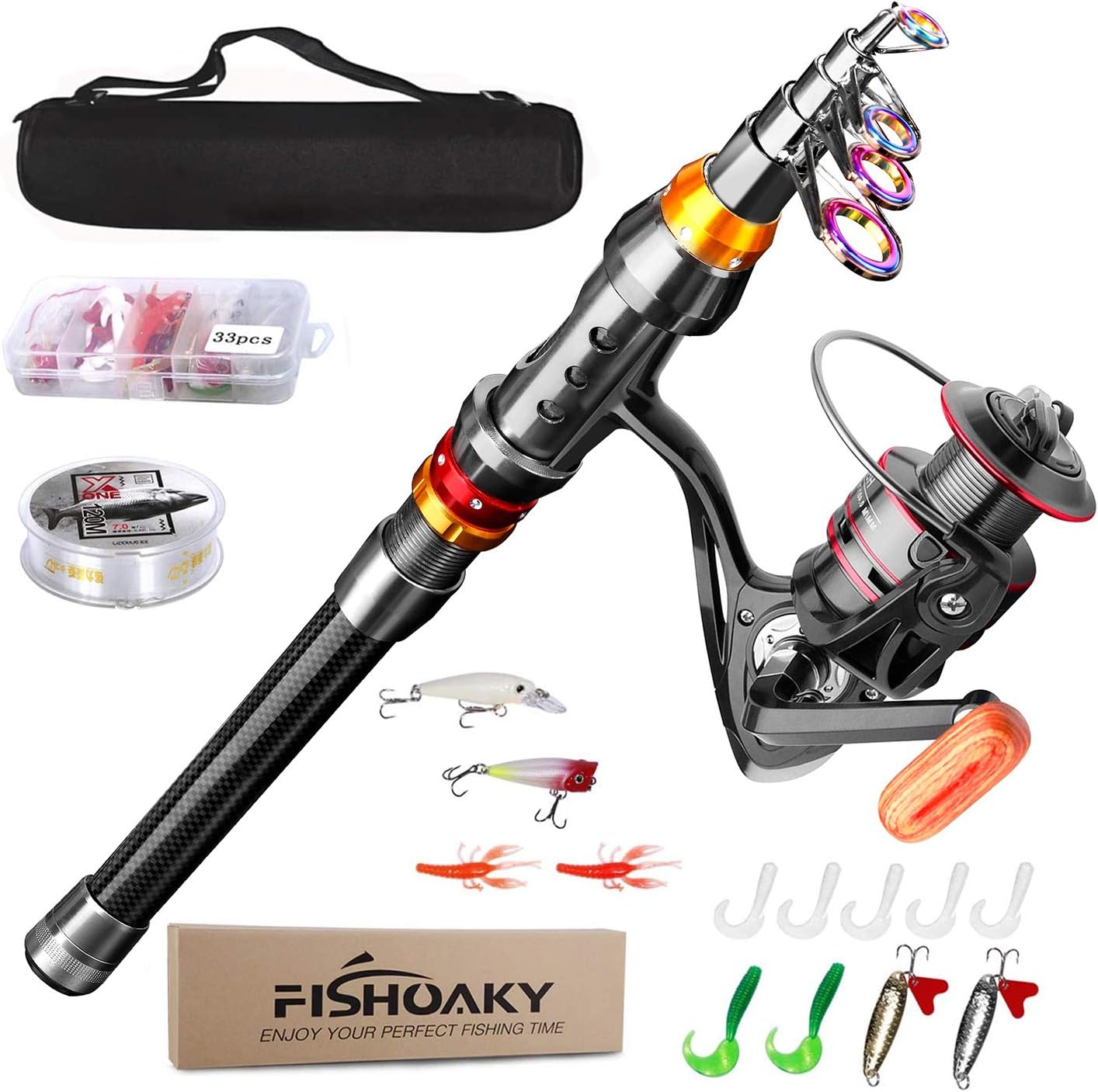 Fishing Rod kit, FISHOAKY Carbon Fiber Reel Combo Pole and Telescopic Fishing with Line Lures Tackle Hooks Reel Carrier Bag for Adults Saltwater Freshwater Travel (2.1)