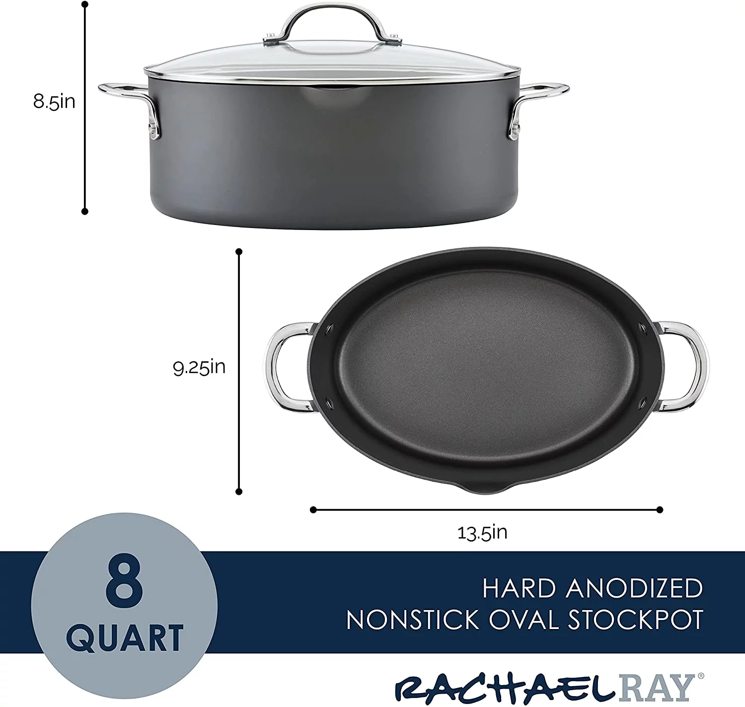 Rachael Ray Hard Anodized 8 Quart Non-stick Cookware Oval Pasta Pot and Braiser, Gray