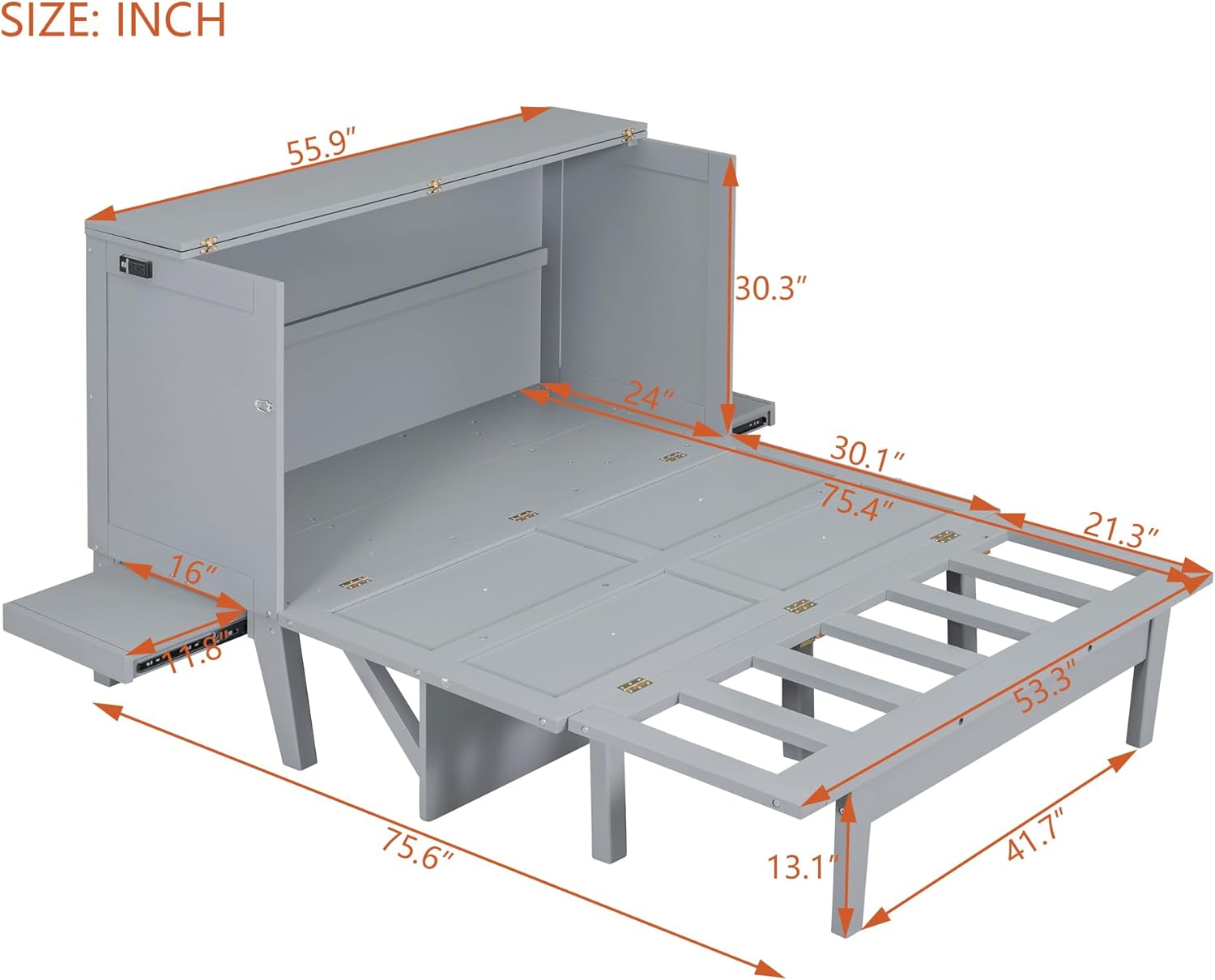 Murphy Bed,Full Size Murphy Wall Bed with Cabinet/USB Port,Removable Shelves,Space-Saving Folding Murphy Bed, Mobile Murphy Chest Bed for Multipurpose Guest Room or Home Office,Gray
