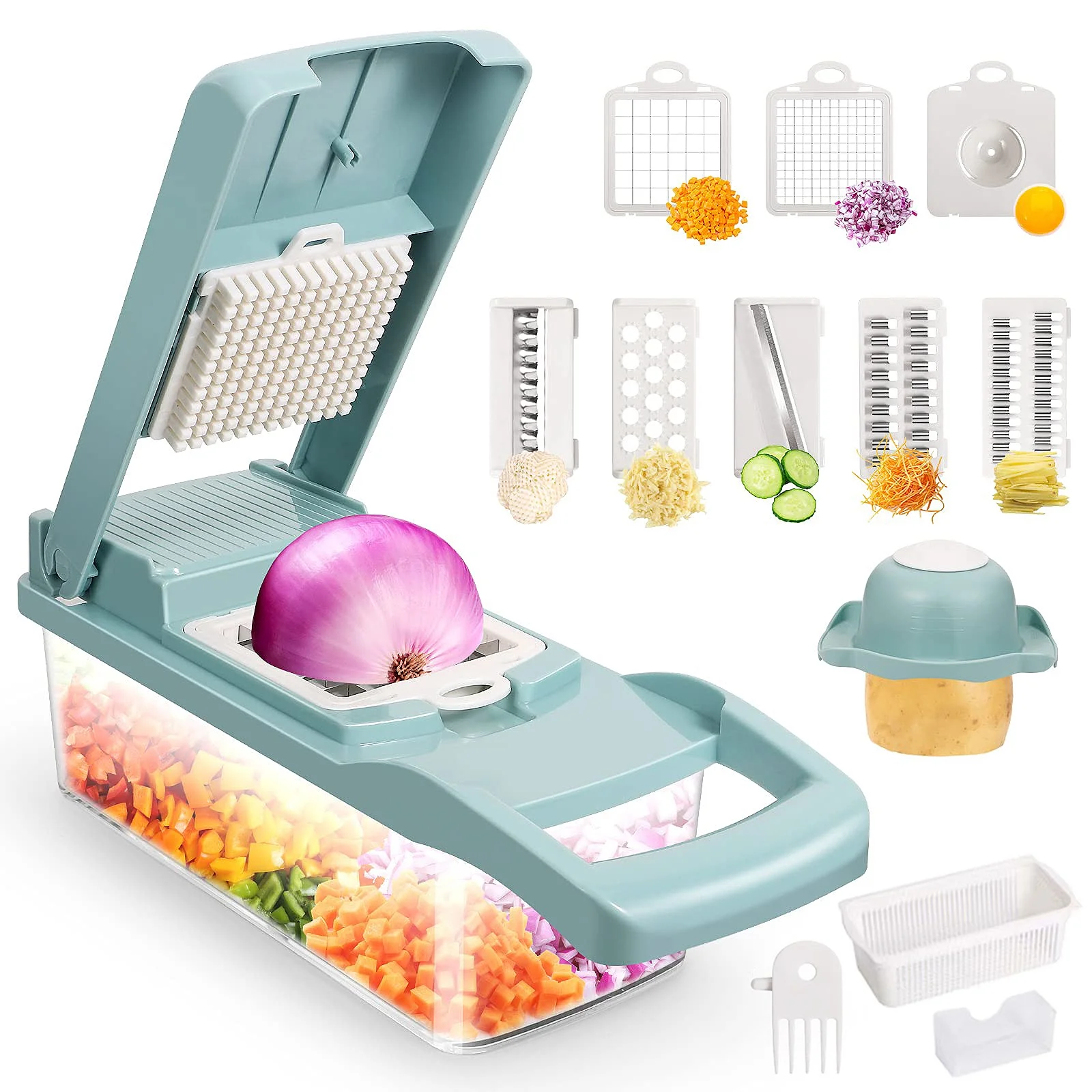 Vegetable Chopper, Multifunctional 13-in-1 Food Choppers Onion Chopper Vegetable Slicer Cutter Dicer Veggie chopper with 8 Blades, Colander Basket, Container for Salad Potato Carrot Garlic, COOSERRY