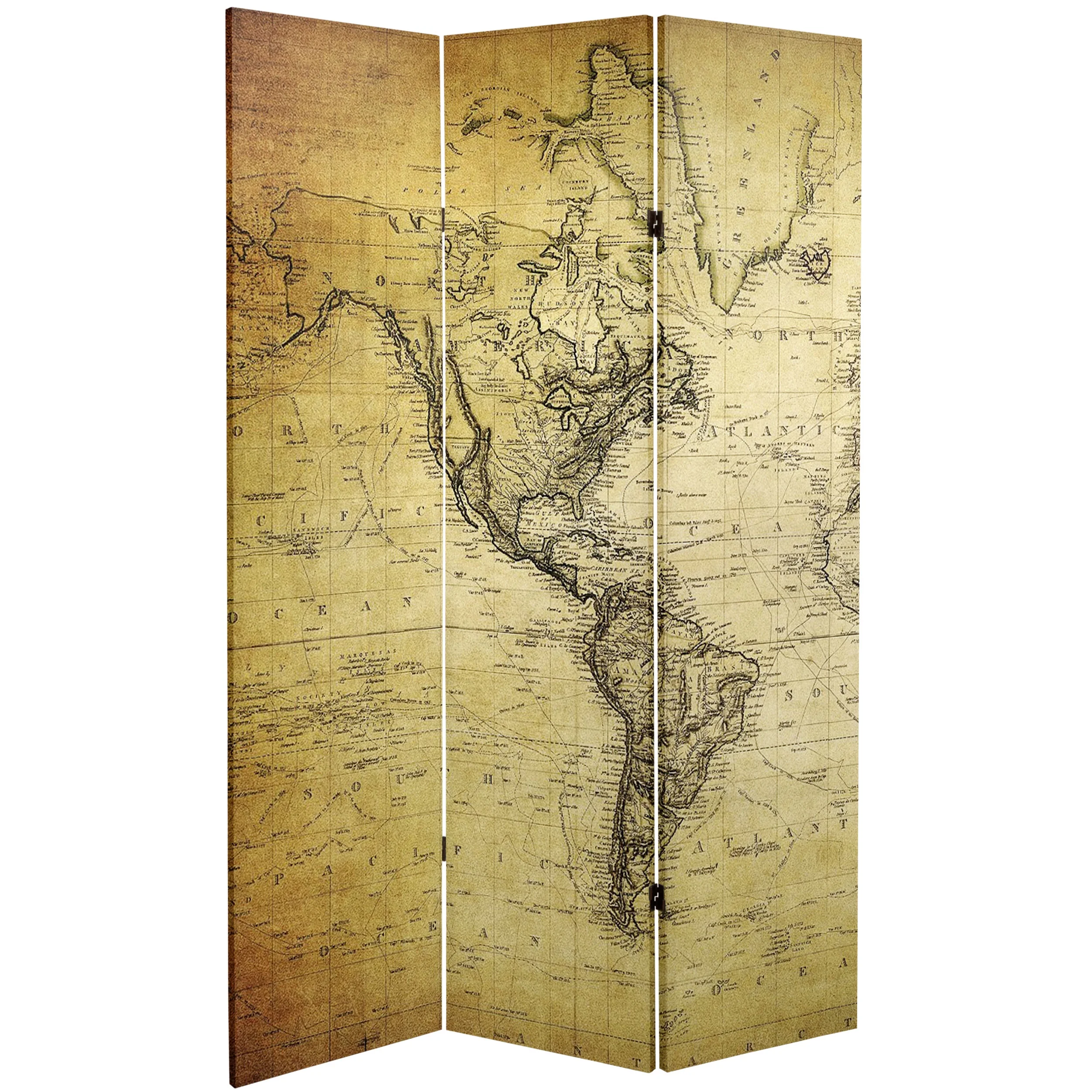 Oriental Furniture 6 ft. Tall Vintage World Map Canvas Room Divider - 3 Panel