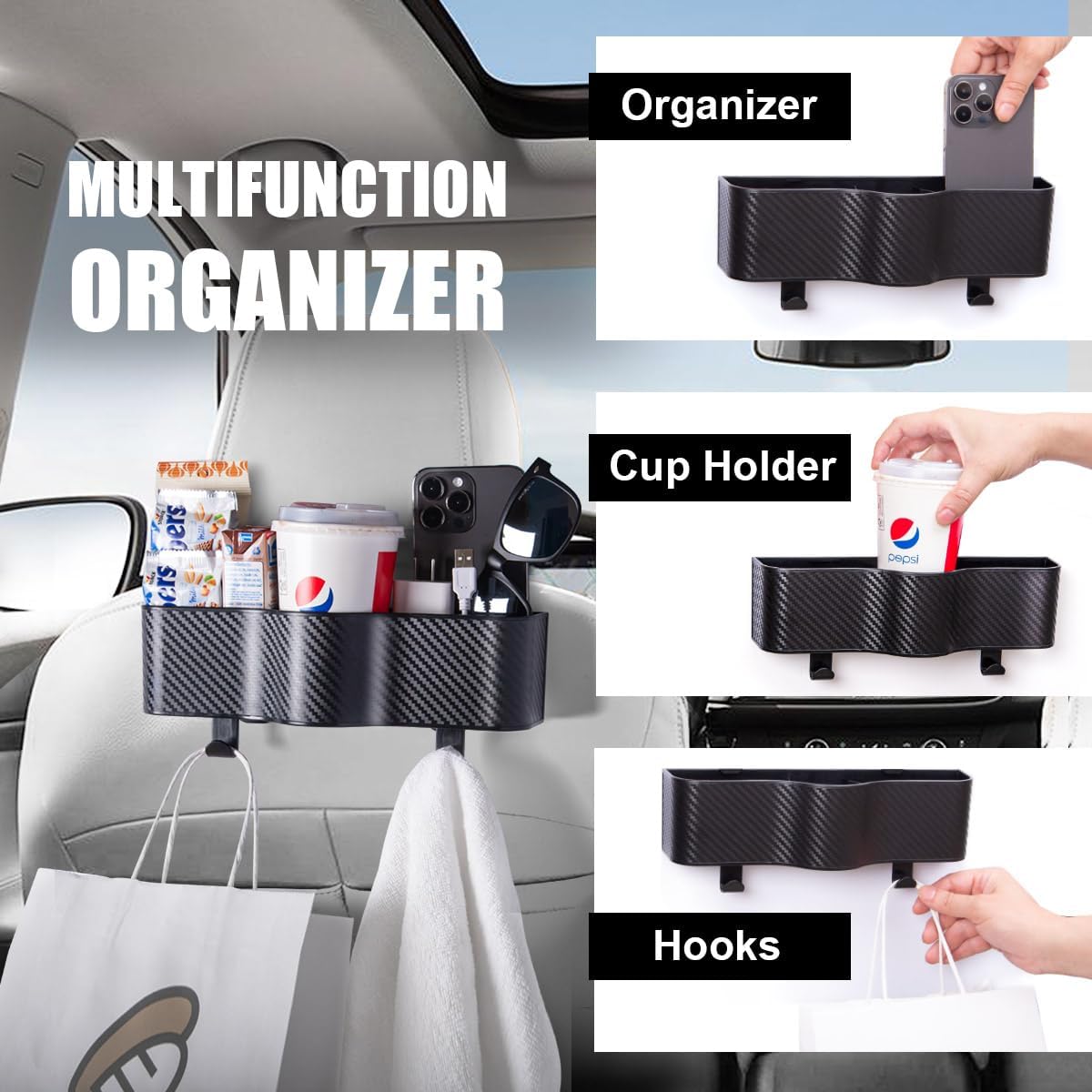 Car Backseat Organizer with Cup Holder - Seat Back Organizer with Headrest Hooks Multi-function Storage with Drink Bottle Holder for Car SUV