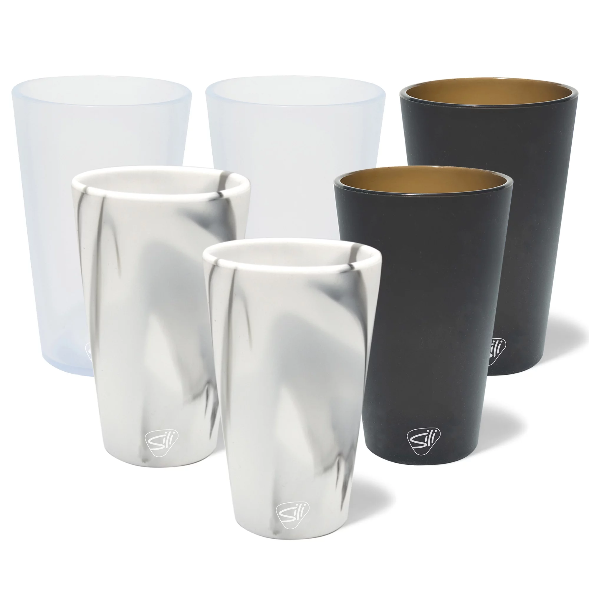 Silipint: Silicone Pint Glasses: 6 Pack - 2 Mtn Marble, 2 Smoke, 2 Icicle - 16oz Unbreakable Cups, Flexible, Hot/Cold