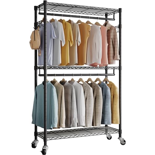 H2 Rolling Garment Rack Heavy Duty Clothes Rack with Wheels Double Hanging Rods Clothing Rack Closet Rack for Hanging Clothes Portable Closet Wardrobe, Closet Organizers and Storage, Black