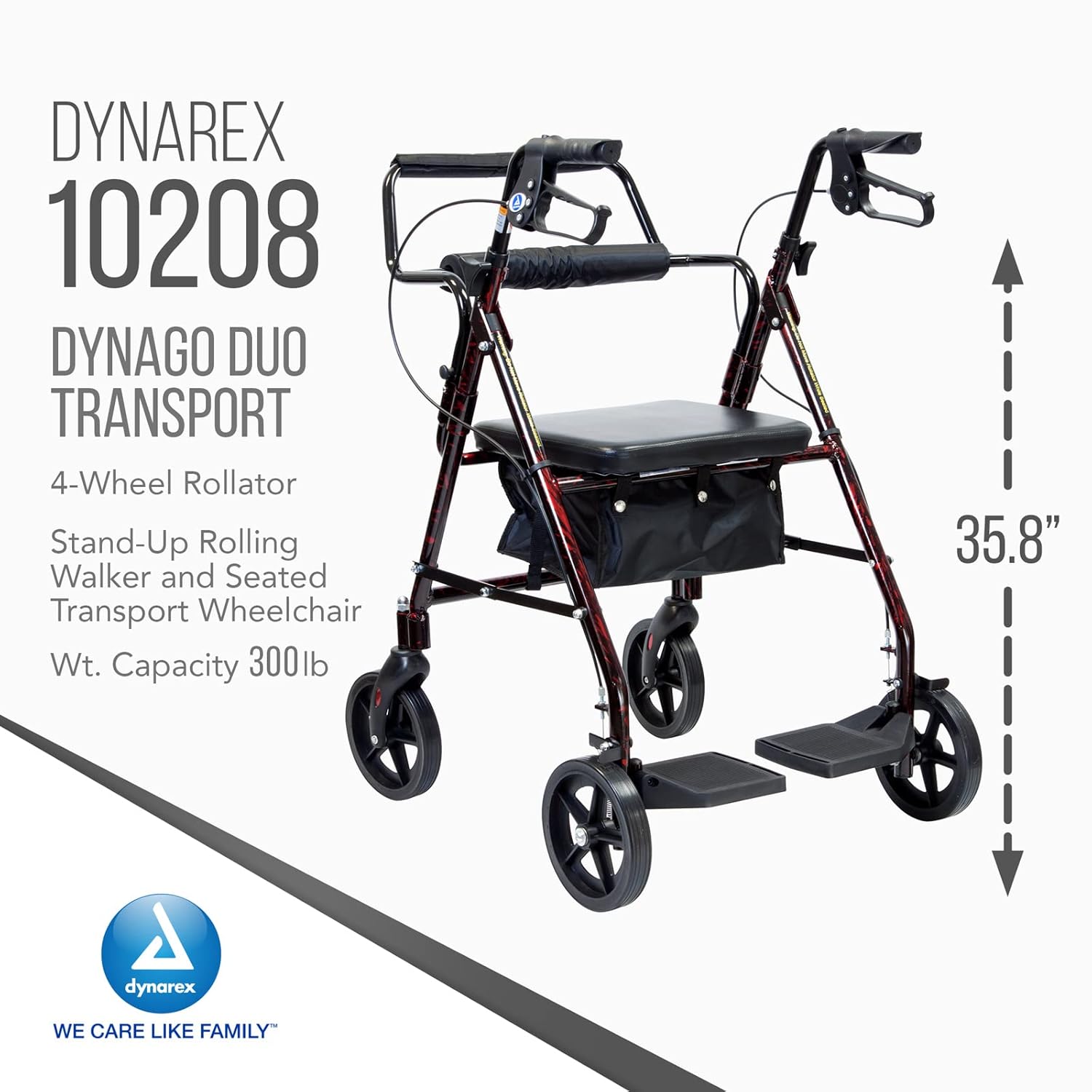 Dynarex DynaGo Duo Transport 4 Wheel Rollator - Stand-Up Rolling Walker and Seated Transport Wheelchair - Fold-Down Footrests, 300 lb. Weight Capacity, Red Frame, 1 Rollator