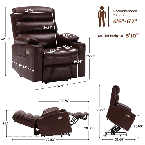 Lay Flat Power Lift Recliner Chair for Elderly, Dual Motor Lift Chairs with Memory Electric Seat, Heat & Massage, USB & Type C Ports, Cup holders, Breathable Leather Brown