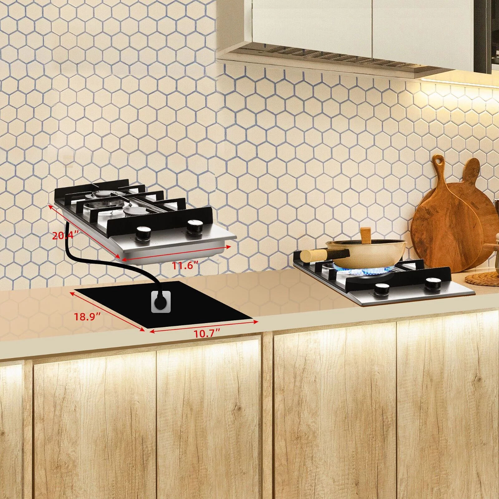 2-Burners 12inch Gas Cooktop Stainless Steel NG/LPG Convertible Built-in Burner Cooktop