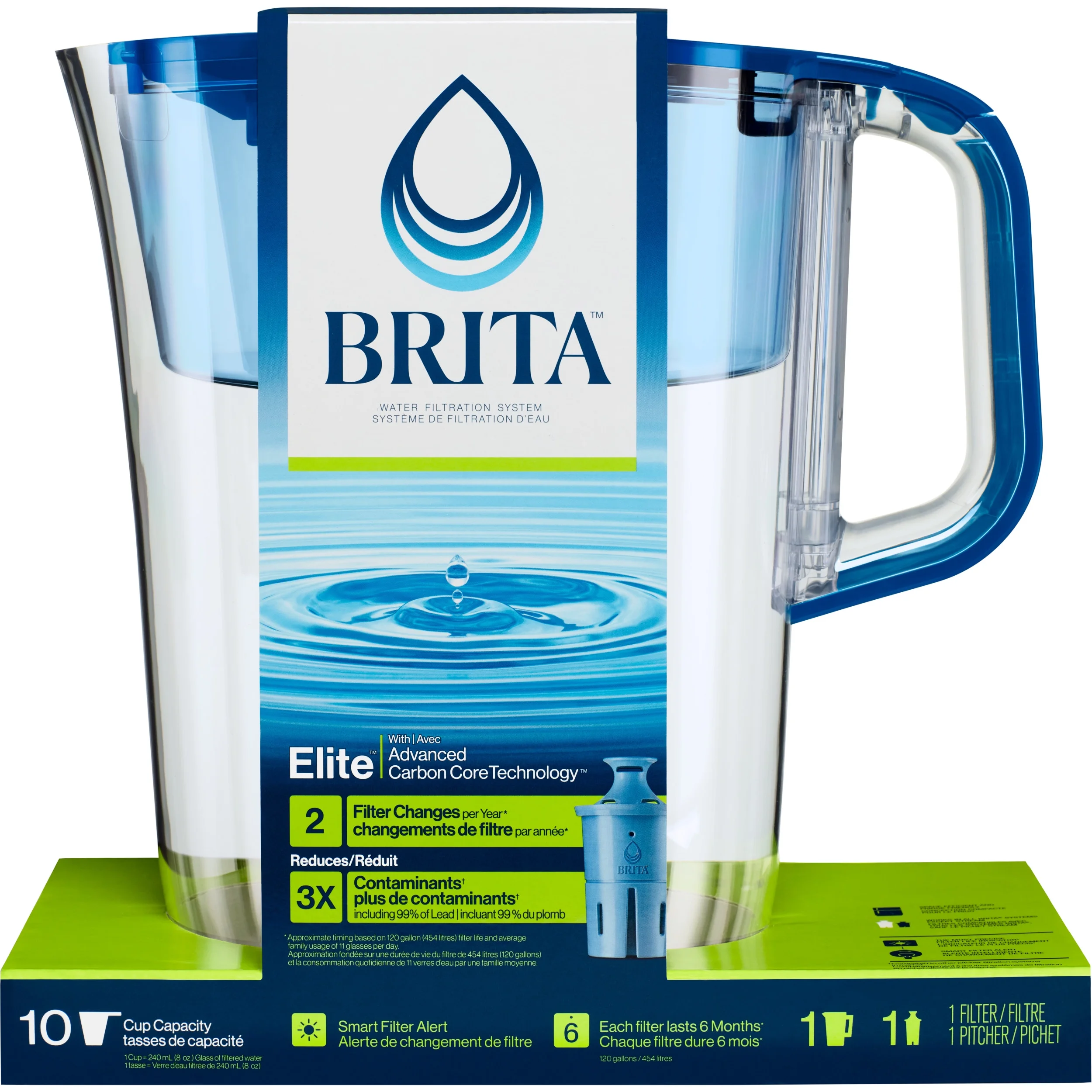 Brita Large 10 Cup Blue Tahoe Water Filter Pitcher with 1 Brita Elite Filter