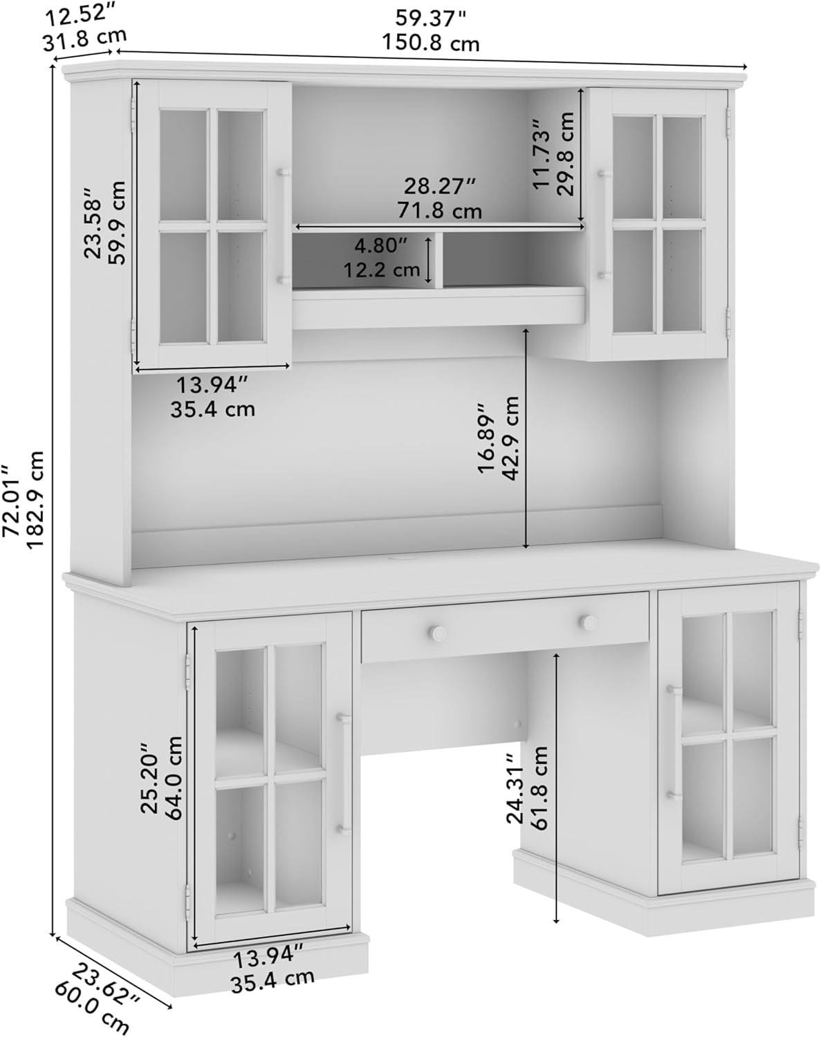 Bush Furniture Westbrook 60W Computer Desk with Hutch and Storage in White Ash | Farmhouse Desk for Home Office Workspace