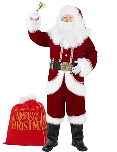 Christmas Men’s Santa Costume Set Adult 11 Pcs Deluxe Santa Claus Costume Suit Velvet for Xmas Holiday Party Cosplay