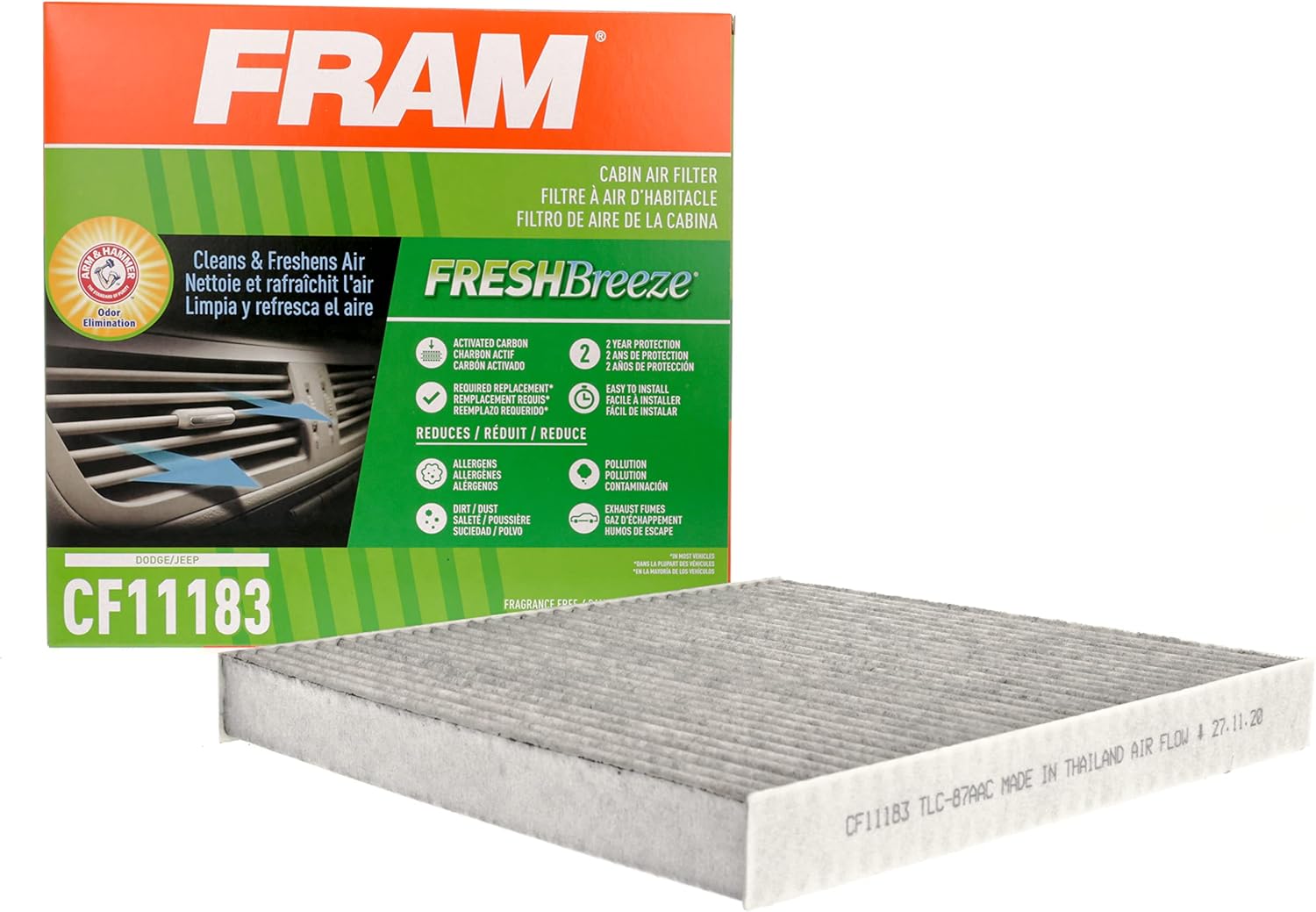 FRAM Fresh Breeze Cabin Air Filter Replacement for Car Passenger Compartment w/ Arm and Hammer Baking Soda, Easy Install, CF11183 for Select Dodge and Jeep vehicles , white