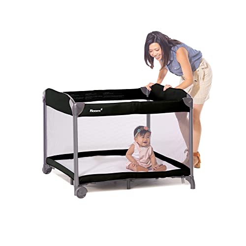 Joovy Room² Large Portable Playpen for Babies and Toddlers with Nearly 10 sq ft of Space, Large Mesh Windows for 360 View, and Waterproof Mattress Sheet - Folds Easily when Not in Use (Charcoal)