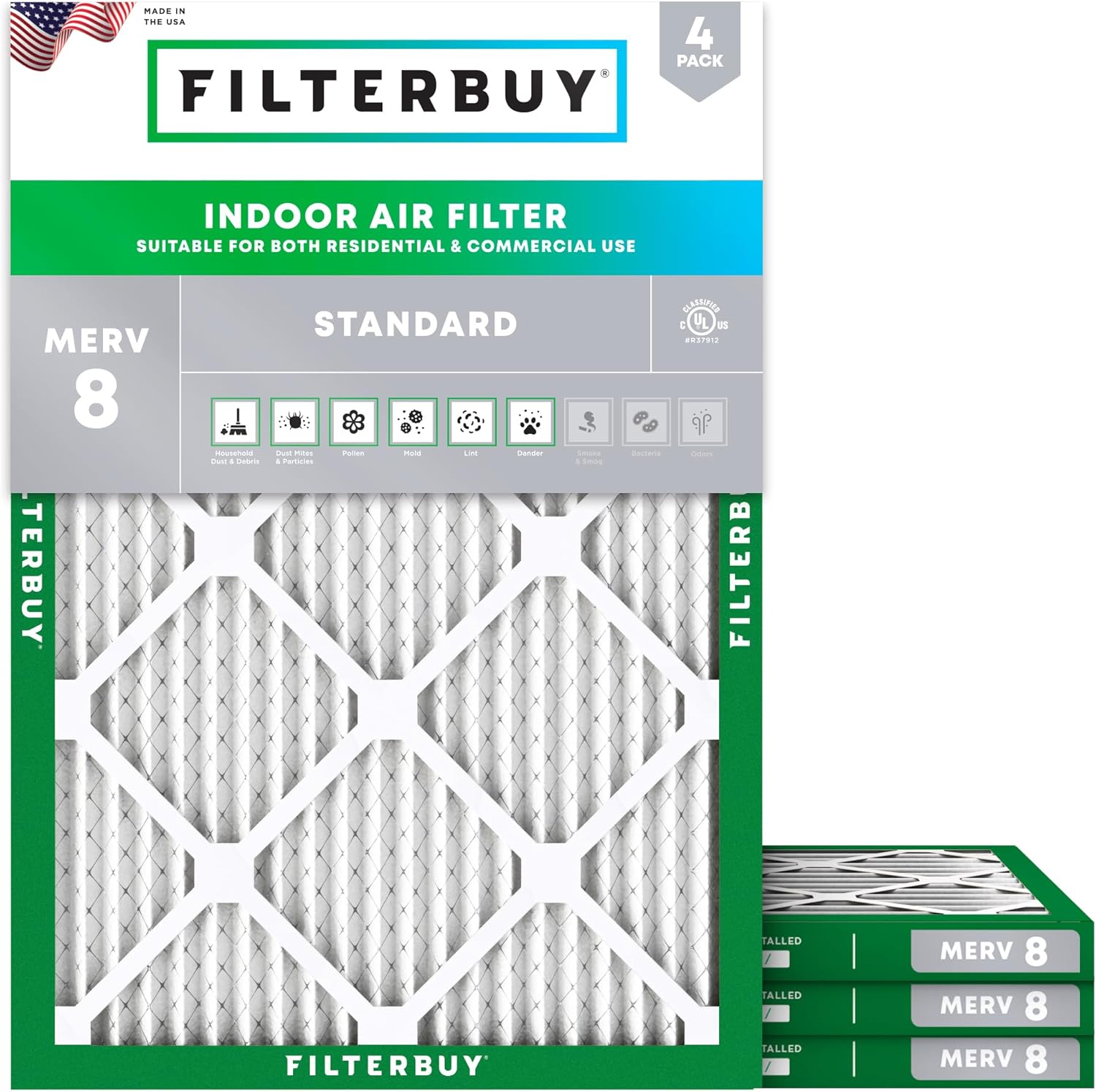 Filterbuy 19x21.5x1 Air Filter MERV 8 Dust Defense (4-Pack), Pleated HVAC AC Furnace Air Filters Replacement (Actual Size: 19.00 x 21.50 x 1.00 Inches)