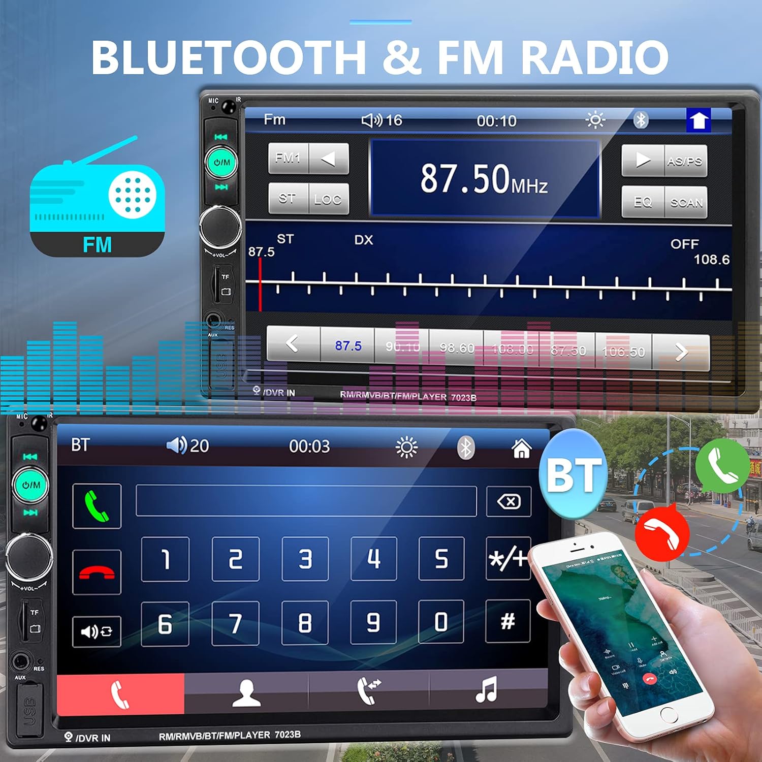 Podofo Car Stereo 2 Din Car Radio 7 Inch MP5 Player with HD Touch Screen Digital Display Bluetooth Multimedia support USB SD Aux-in Double Din Autoradio Mobile Phone Interconnection with Backup Camera