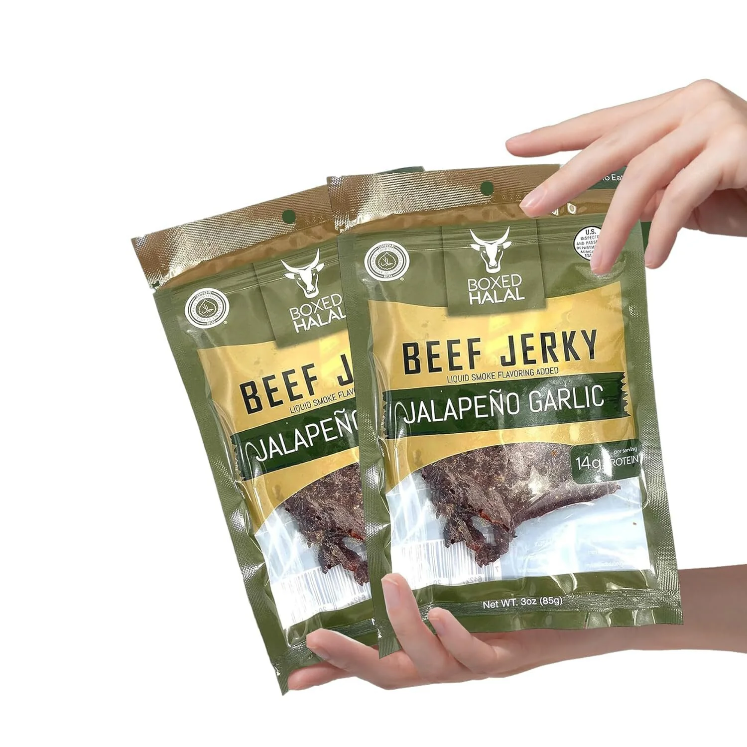 BOXED HALAL Premium 100% Grass-Fed Jalapeño Garlic Beef Jerky Strips, 13g Protein, HFSAA Certified Halal, Keto Friendly Snack, 3 Oz. Bags (3 Pack)