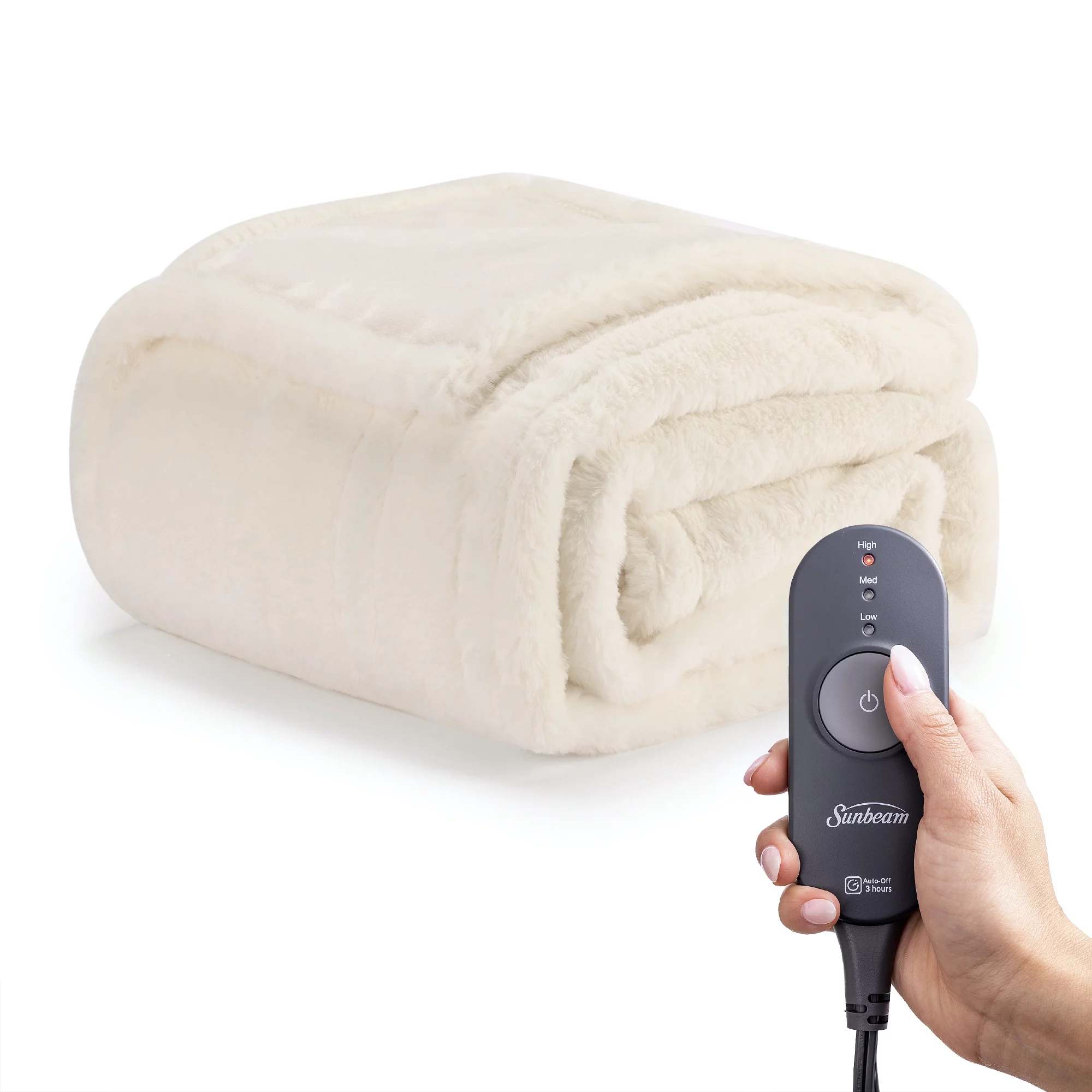Sunbeam White Faux Fur Heated Electric Throw