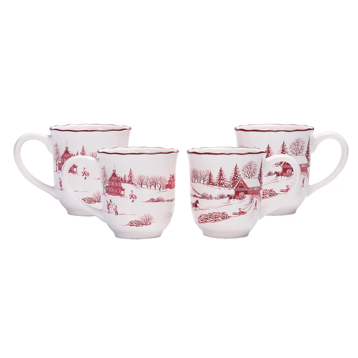 Bico Toile De Jouy Winter Wonderland Ceramic 16oz Mugs, Set of 4, for Coffee, Tea, Drinks, Microwave & Dishwasher Safe