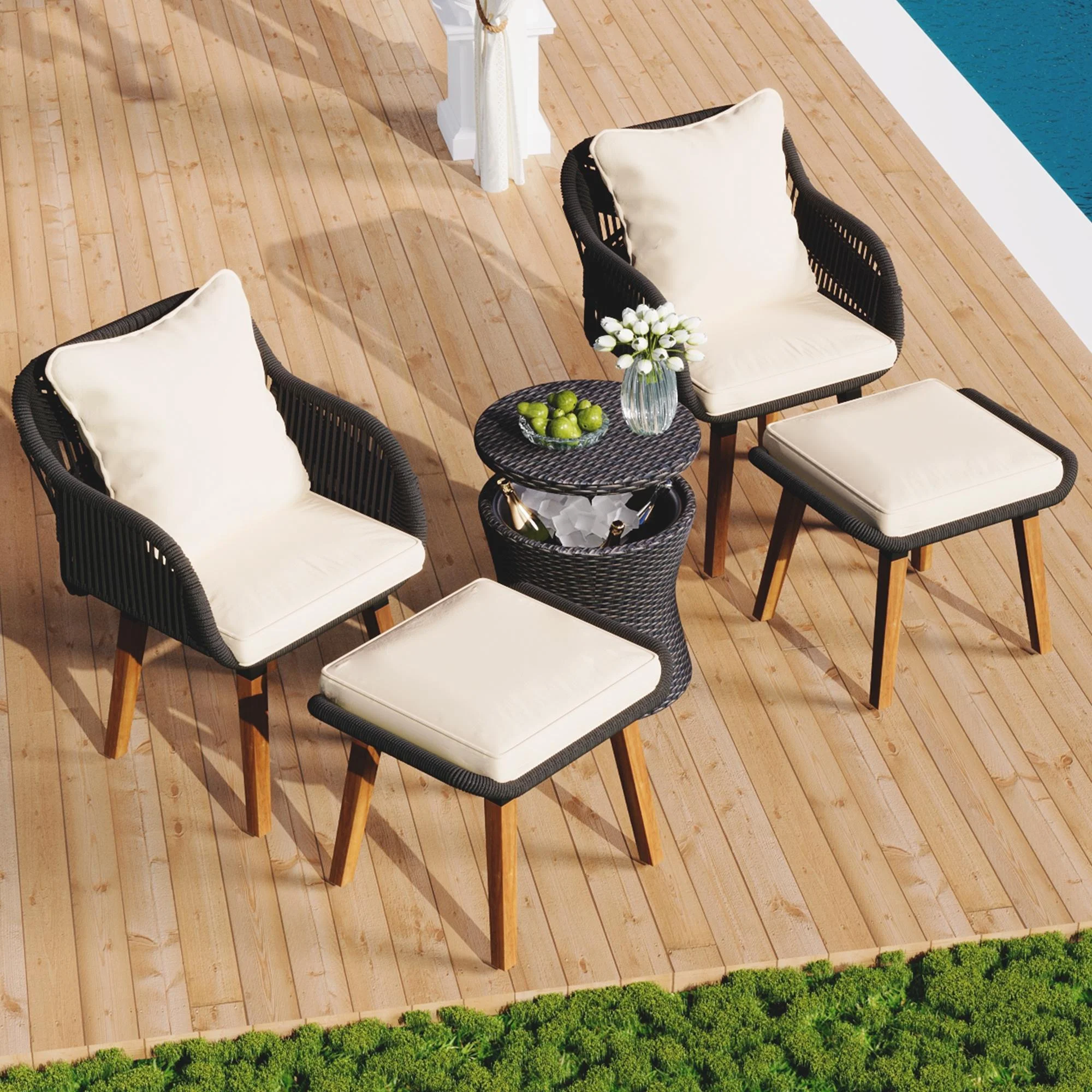 Bellemave 5-Piece All Weather Acacia Solid Wood and Rope Outdoor Bistro Set Patio Conversation Set with Cool Bar Table, Armchair and Ottoman for Garden Yard Poolside, Beige Cushion - Curated Treasures Market