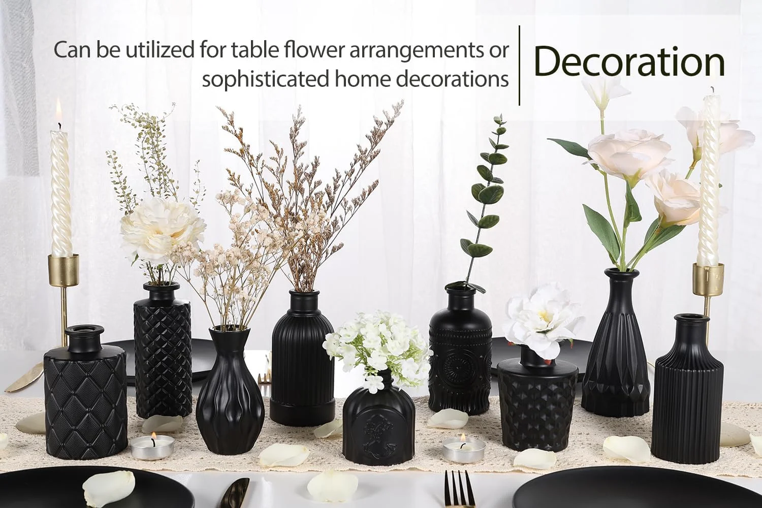 Mini Vintage Glass Bud Vases, Rustic Theme, Green & Black, Set of 12