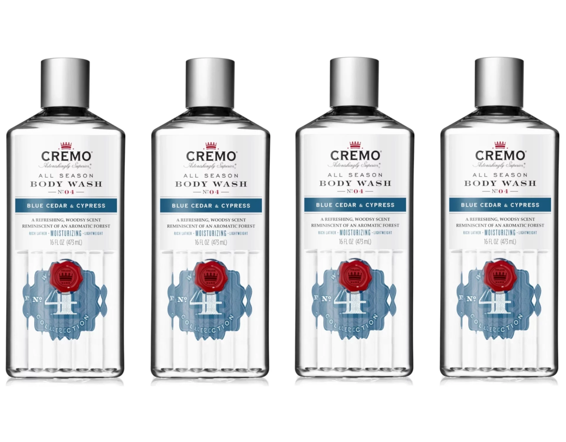 Cremo All Season Body Wash No. 4, Blue Cedar & Cypress, 16 Fl. Oz. - Pack of 4
