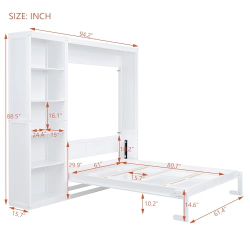 Merax Queen Size Murphy Bed Wall Bed with Storage Shelves, Multifunctional Foldable Platform Bed Frame, Fold into The Wall, Space-Saving Design Bed for Guest-Room, Home, Office, White