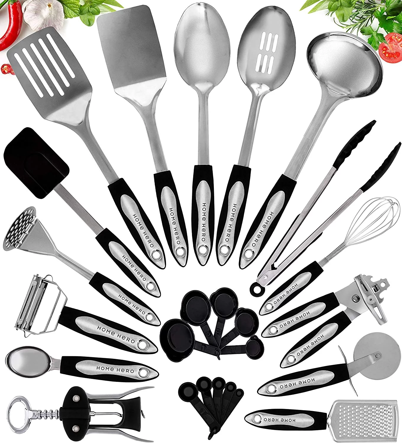 Home Hero - Kitchen Utensils - Cooking Utensils Set - Nonstick Cookware Set - Dishwasher safe - 41 Pcs, Silver