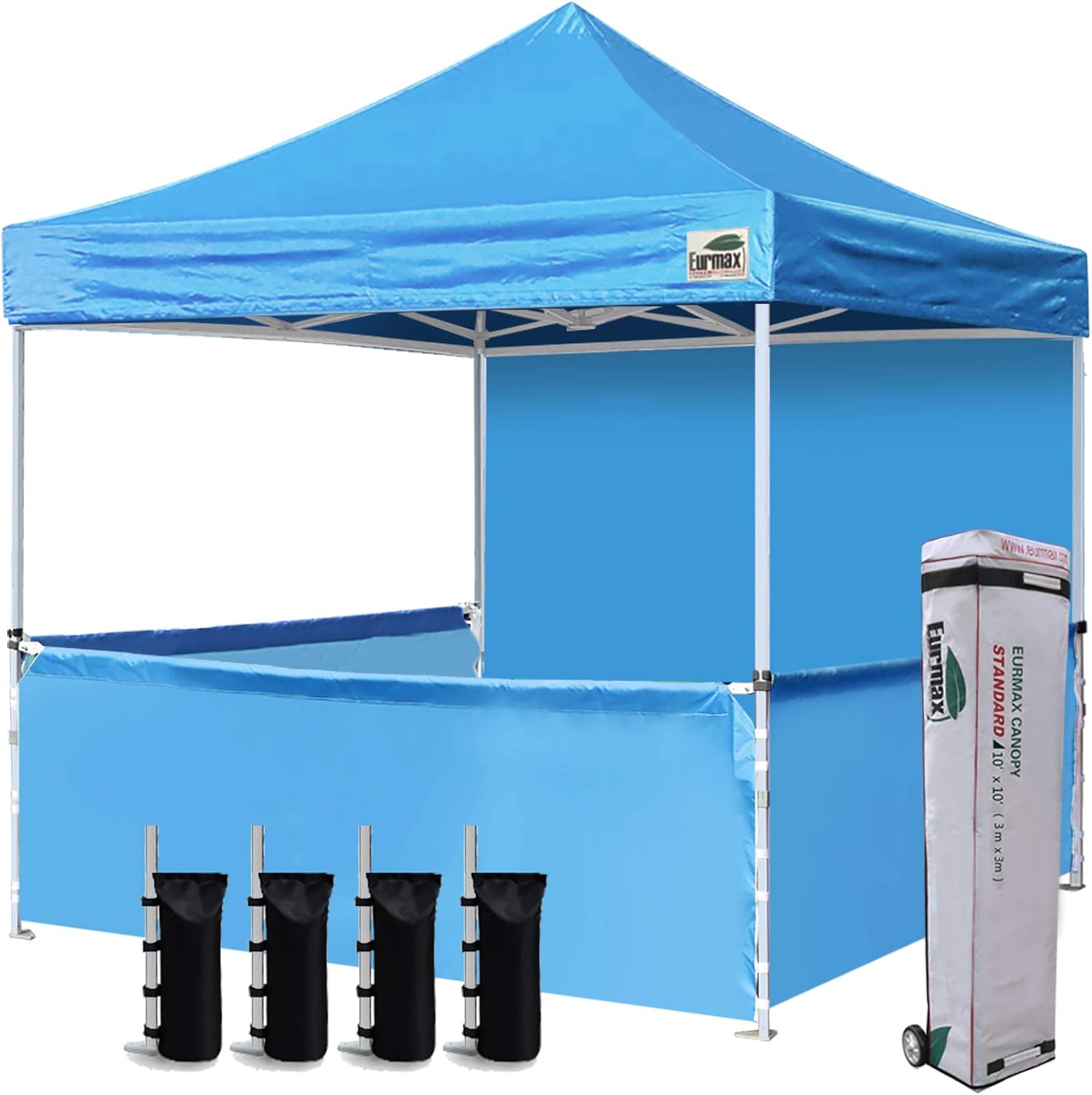 Eurmax USA 10'x10' Ez Pop-up Booth Canopy Tent Commercial Instant Canopies with 1 Full Sidewall & 3 Half Walls and Roller Bag, with 4 SandBags + 3 Cross-Bar (Grey)