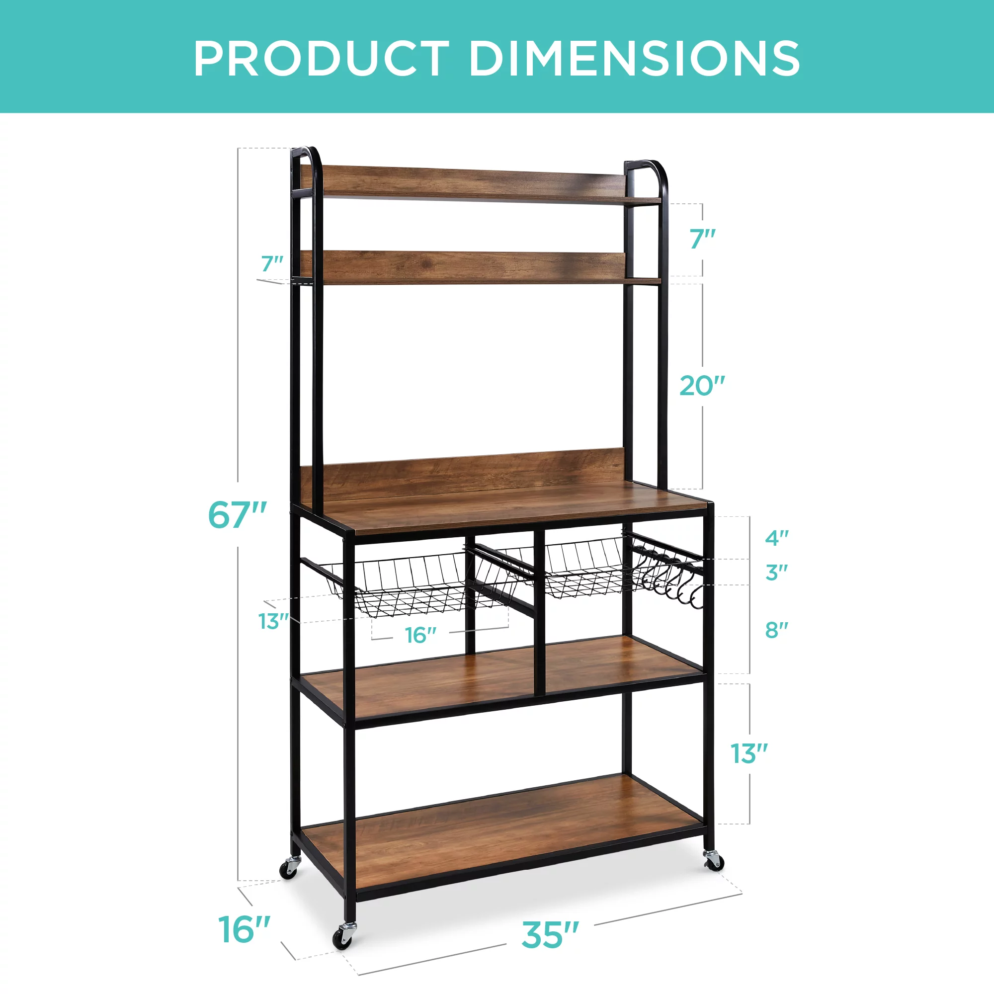 Best Choice Products 67in Counter-Height Baker's Rack w/ Locking Wheels, Adjustable Feet, 2 Wire Baskets - Brown/Black
