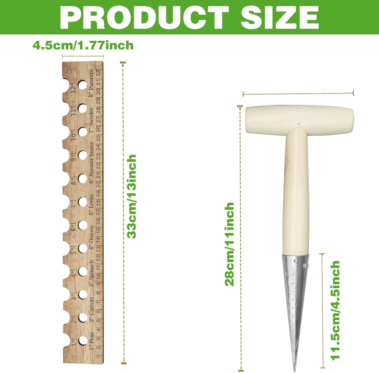 Seed Planter Tool Set, Dibber Garden Tool Tapered Seed Dibber & Wooden Seed Spacer Ruler with Holes, Garden Dibber Handheld Dibbler Gardening Tool for Precise Planting Making Holes Gardening Plants