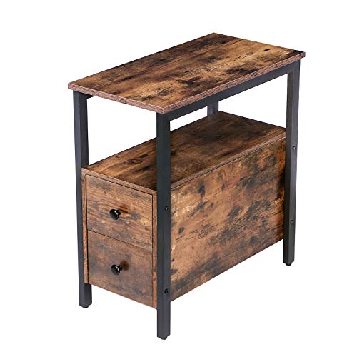 HOOBRO End Table, Narrow Chairside Table with Drawer and Open Storage Shelf, Nightstand for Small Spaces, Stable and Sturdy Construction, Wooden Look Accent Furniture, Greige and Black BG548BZ01G2