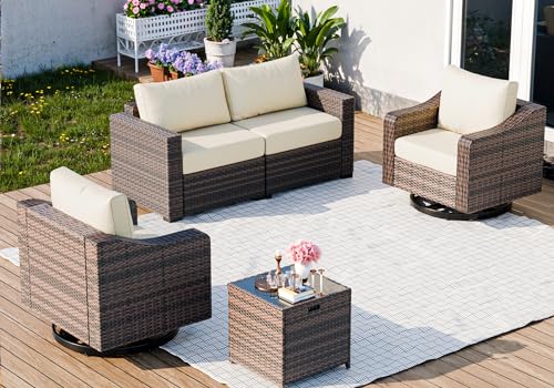 Outdoor Patio Furniture Set,6 Pieces Heavy Duty Wicker Patio Furniture with Fire Pit Table, Larger Seat Soft Cushion, Patio Conversation Set with Swivel Chair for Porch,Deck,Backyard,Grey
