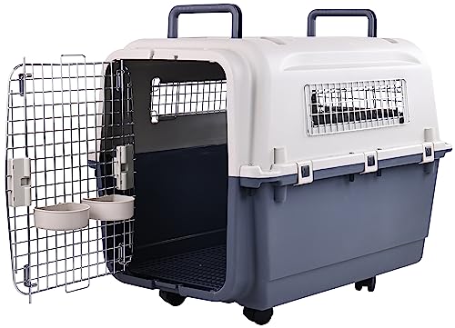 Plastic Kennels Pet Carrier Rolling Plastic Airline Approved Wire Door Travel Dog Crate, Medium (26.5