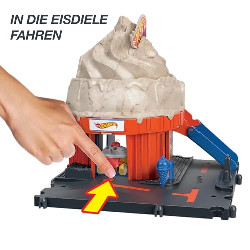 HOT WHEELS City Downtown Spielset Eiskrem-Strudel - Rennbahn-Action mit manuellem Aufzug, Eiskrem-Wirbel und herunterklappbarer Rampe, inklusive 1 Hot Wheels Auto, für Kinder ab 4 Jahren, HKX38