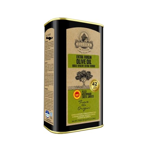 Ellora Farms, Certified PDO Extra Virgin Olive Oil, Single Estate, Single Origin, Single Variety, Cold Press & Traceable Olive Oil, Born in Crete, Greece, Kosher, 1 Lt Tin (33.8 oz.)