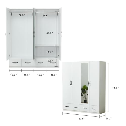 4-Door Wooden Gray Armoire Wardrobe Closet with 3 Drawers for Bedroom Storage Wardrobe Closet Wood with Hanging Rod with Large Storage Wardrobe with Drawers 63