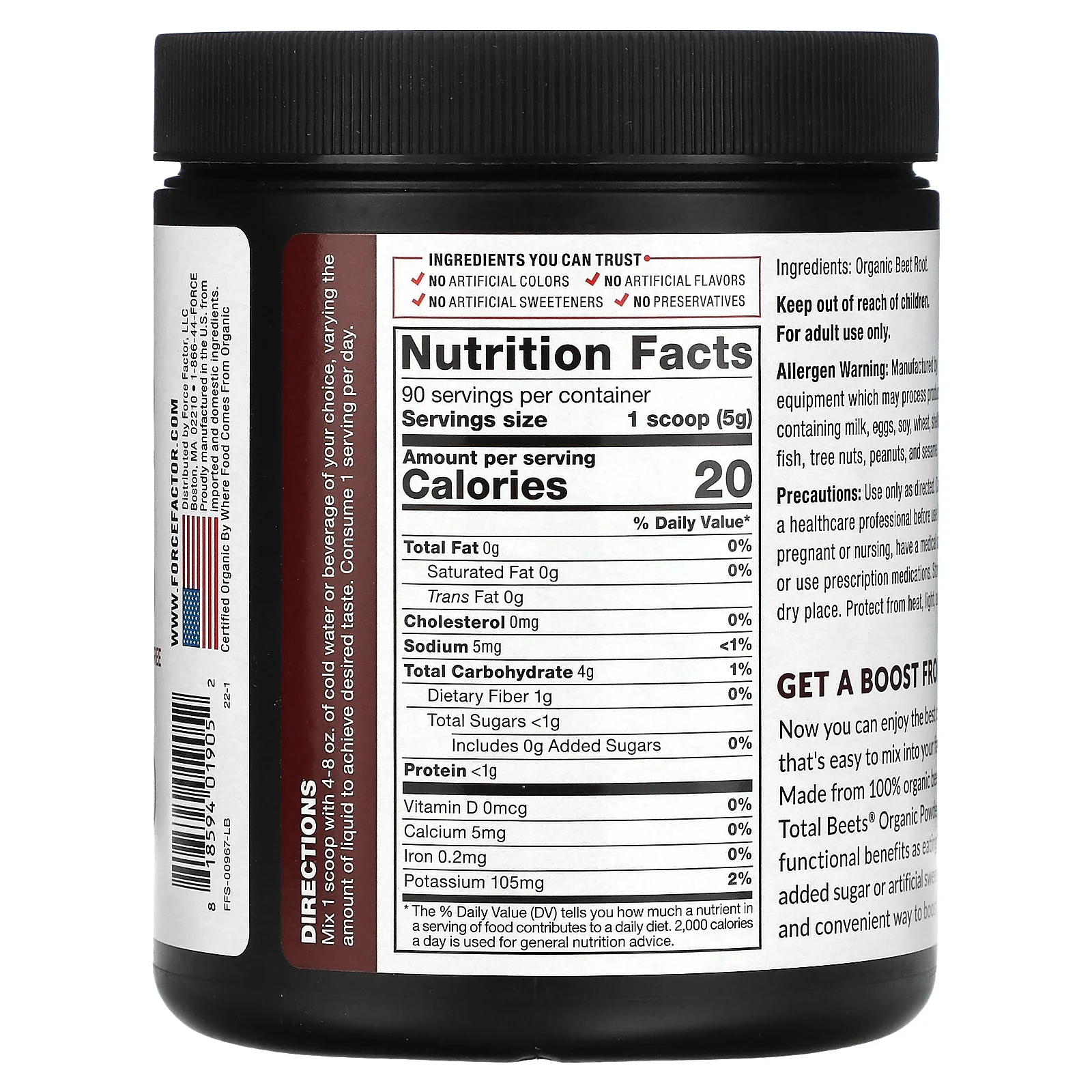 Force Factor Total Beets, Organic Beetroot Powder, 15.9 oz (450 g)