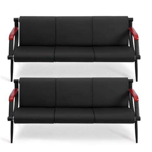 Waiting Room Bench with Wooden Armrest, PU Leather Office Furniture, Lobby Conference Reception Bench, Office Guest Seating for Clinic,Airport,Hospital,Barber,Salon,Bank(Black, 2)