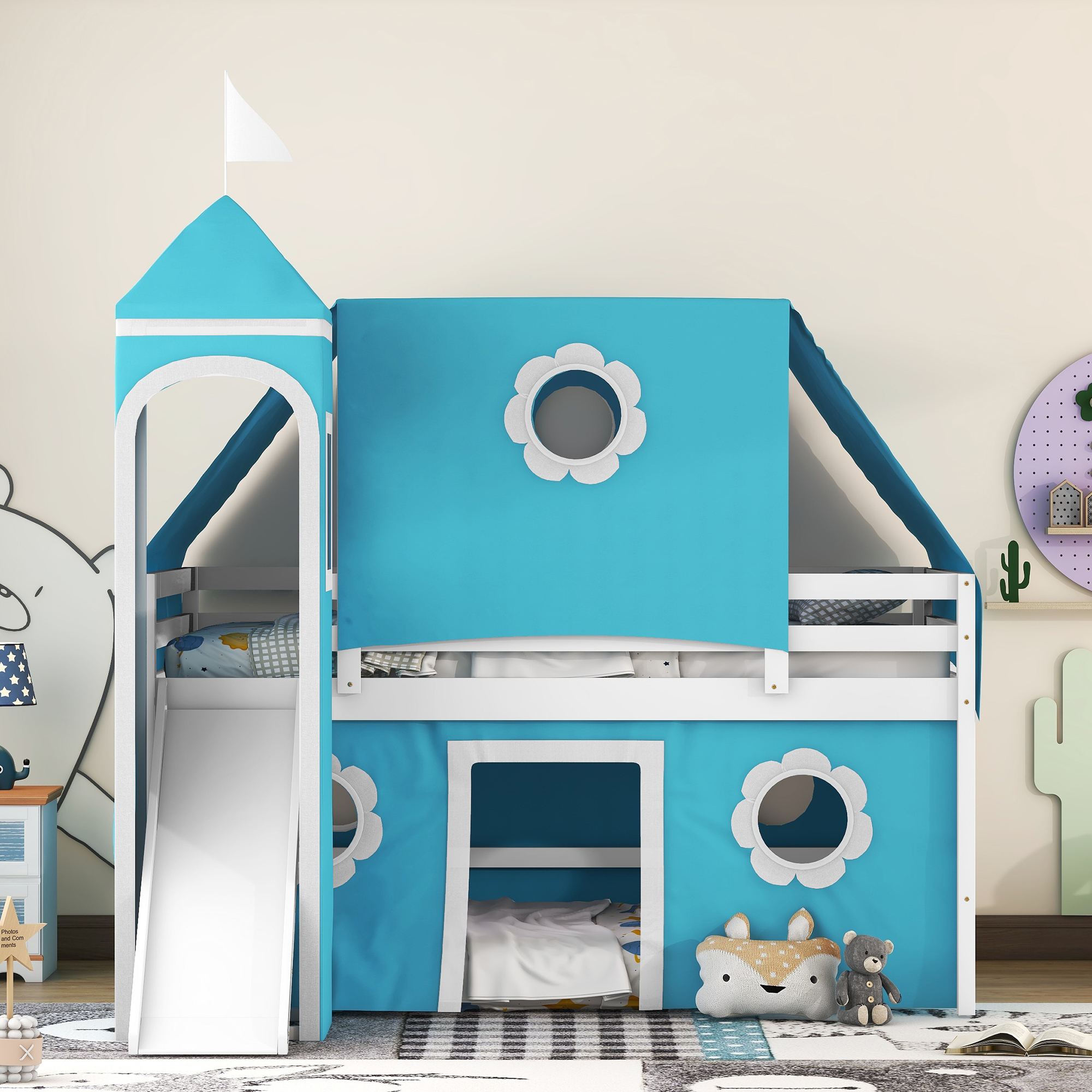 Wood Bunk Bed with Ladder & Safety Guardrail, Solid Wood Bed Frame for Dormitory & Multiple-Child Family, Bunk Bed with Slide Blue Tent and Tower(Blue, Full)