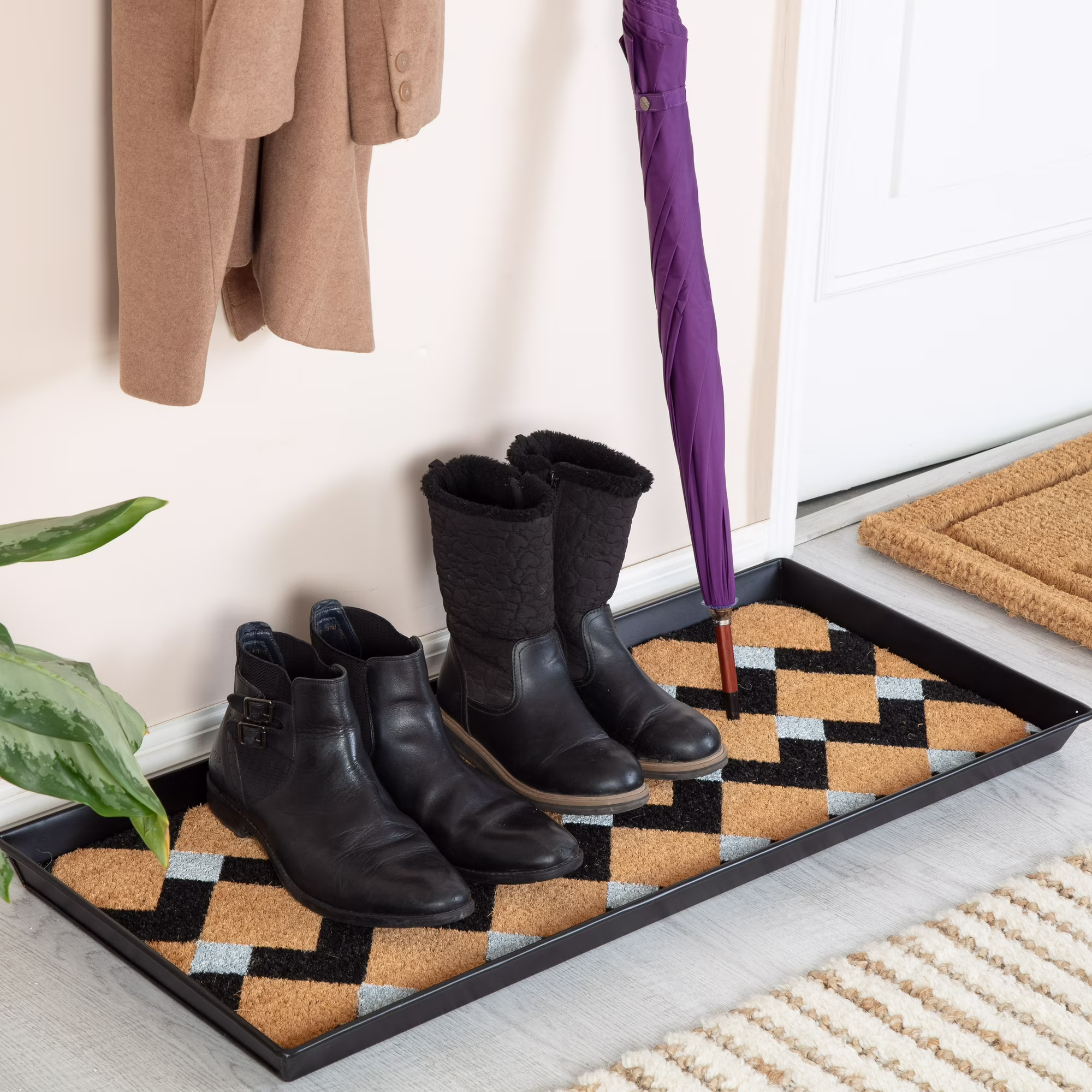 Black Metal Boot Tray with Tan & Black Chevron Coir Insert