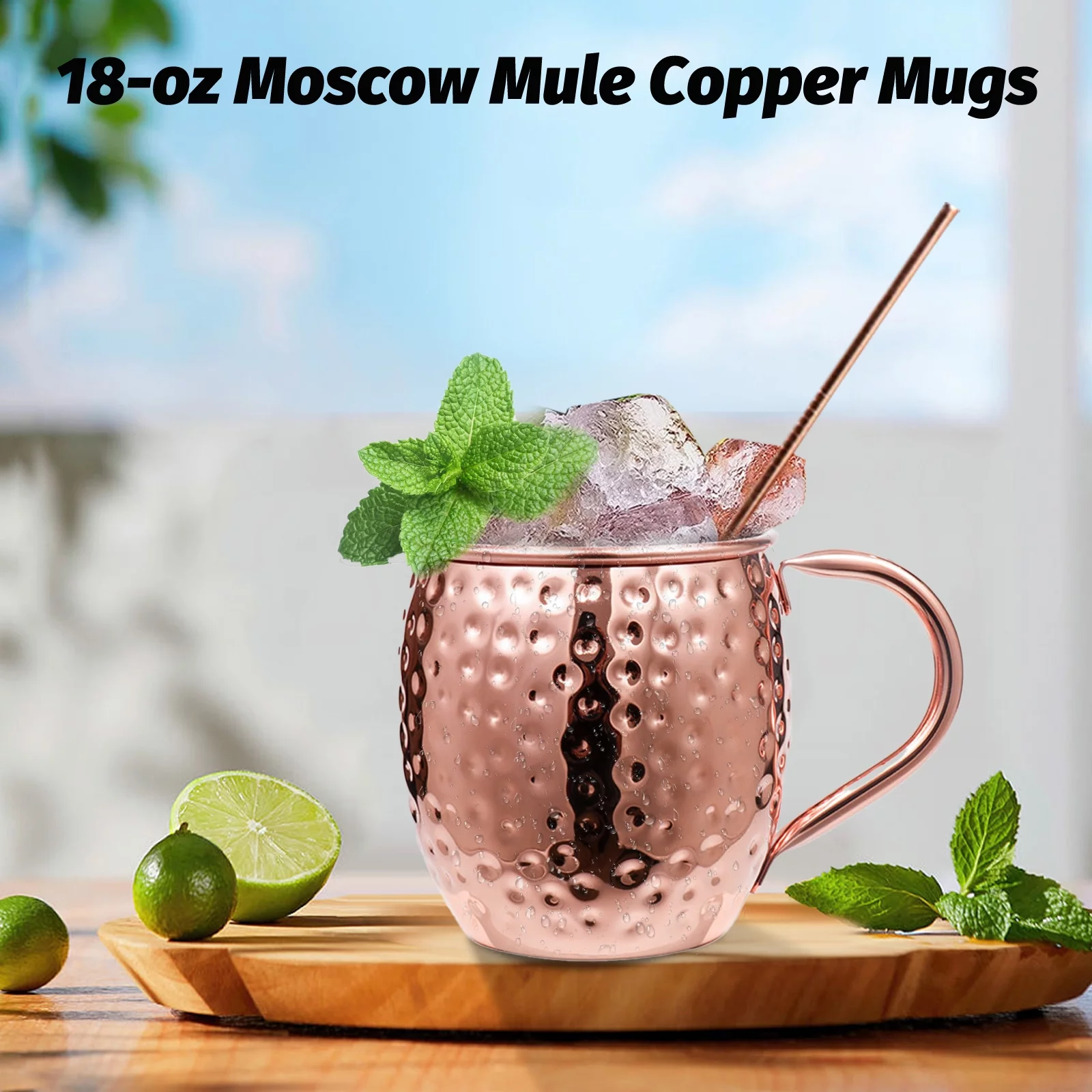 ammoon Moscow Mule Copper Mugs Set Pure Copper Plating, 18 Stainless Steel Drinking Cup, 4 Cocktail Copper Straws Great Bar Gift Set