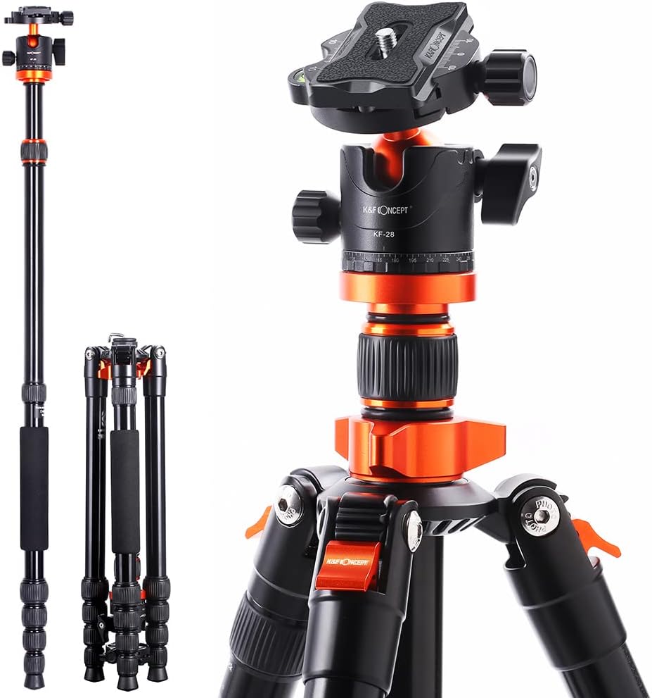 K&F Concept 67 inch Camera Tripods,K255A4+BH-28L (TM2515M1) Compact Travel Tripod with Monopod,10kg/22lbs Load Capacity 360° Panorama Ball Head Compatible with DSLR Cameras