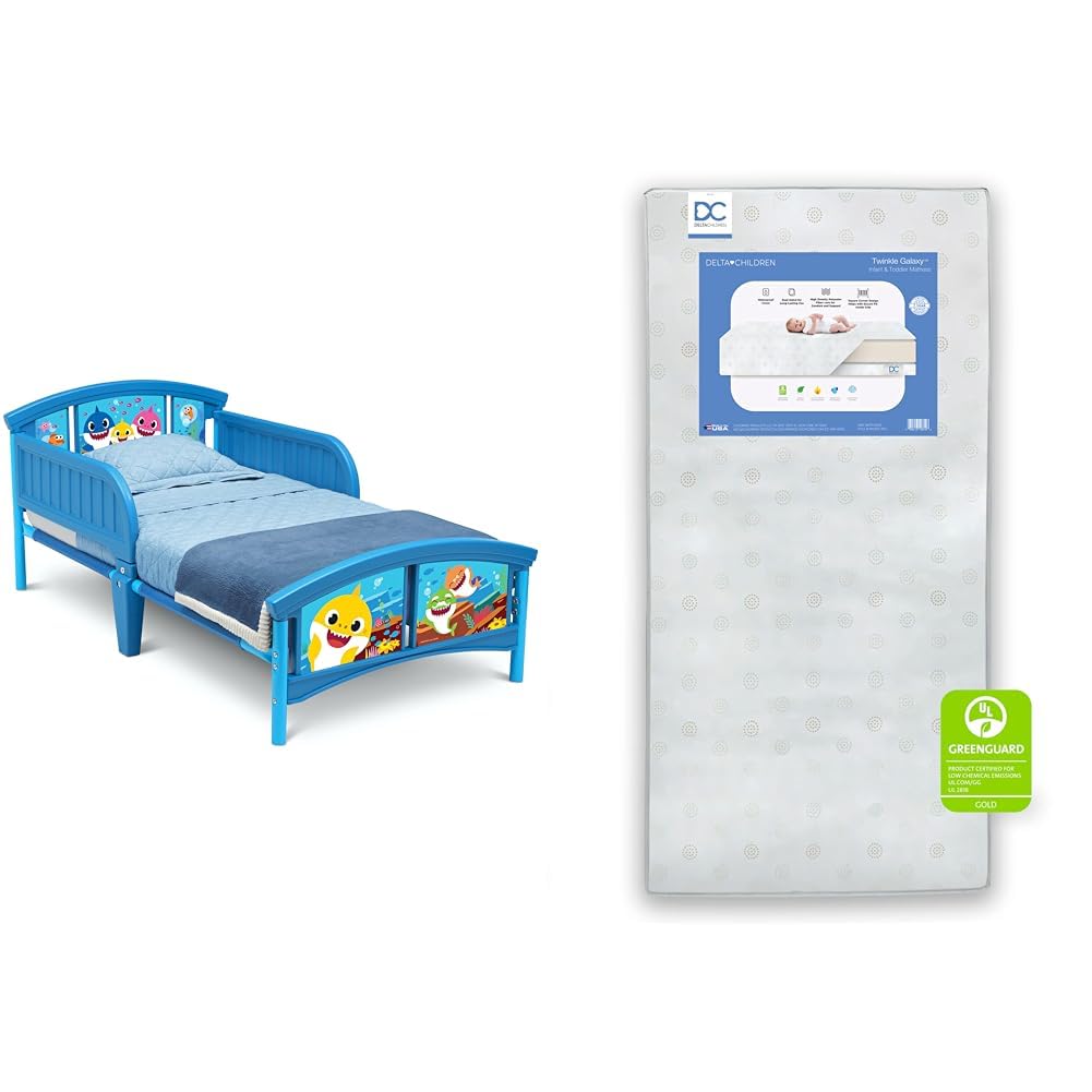 Delta Children Baby Shark Plastic Toddler Bed and Twinkle Galaxy Dual Sided Crib and Toddler Mattress Bundle